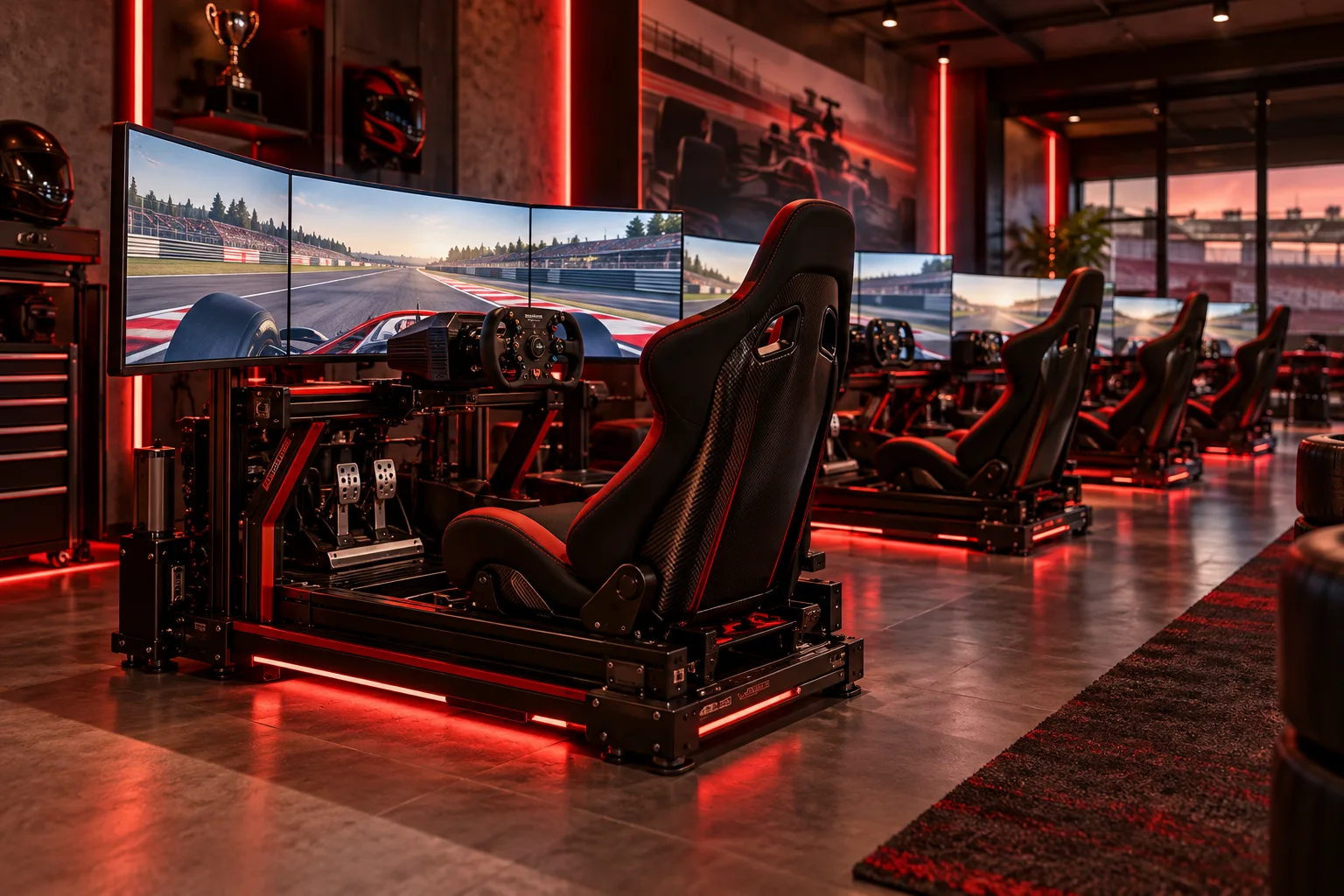 Sala com cockpits de sim racing Sala com cockpits de sim racing